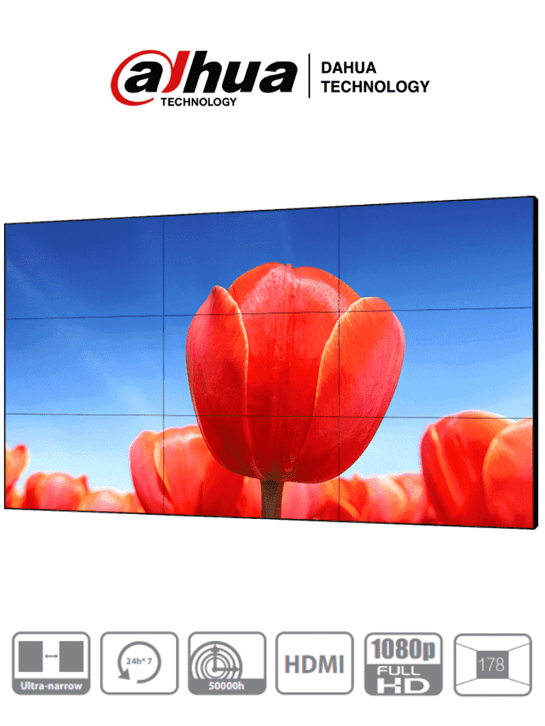 DAHUA DHL550UDM-EG - Pantalla de 55 Pulgadas FHD para Video Wall/ Panel LCD de Grado Industrial/ Ideal para Trabajar 24/7/ Marco Ultra Delgado de 1.8 mm (0.9mm Cada Marco)/ Interfaces HDMI, DVI, VGA, BNC y USB/ 
