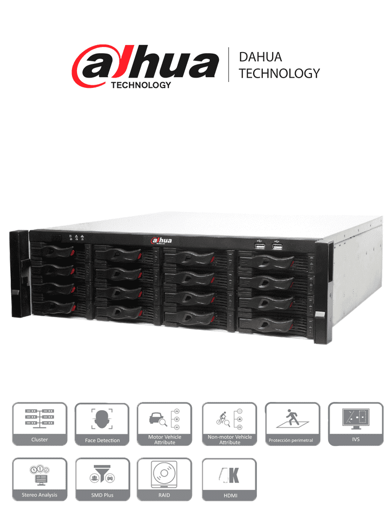 DAHUA NVR616-128-4KS2 - Super NVR 128 canales de video IP 4K / H265 / 2 HDMI / 16 Interfaz SATA
