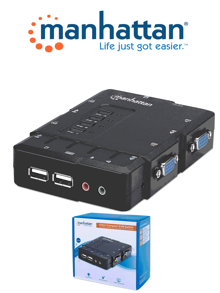 MANHATTAN 151269   - Mini Switch KVM Compacto de 4 Puertos/ Maneje/Controle 4 computadoras USB desde un Solo Teclado, Monitor y Ratón/ Conmutación de Audio y Micrófono/ Selección del Canal a Través de Botones y Teclas Definidas/ 