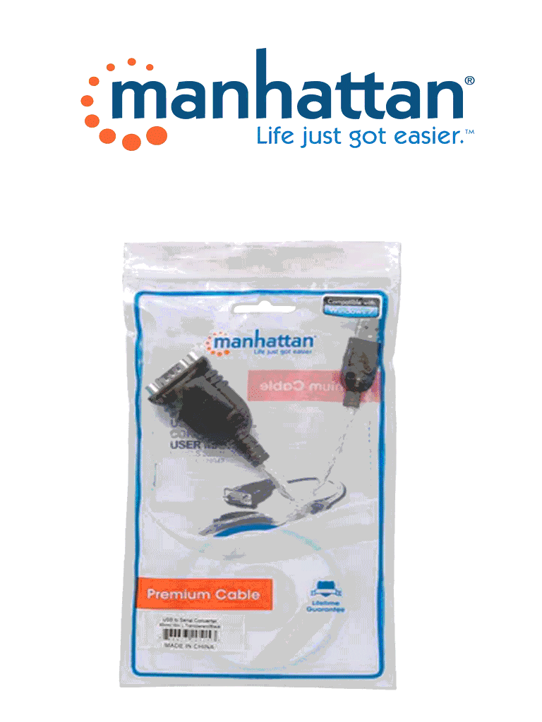 MANHATTAN 205153 Convertidor Serial a USB Conecta un dipositivo Serial/RS232/COM/DB9 a un puerto USB, Chip Prolific PL-2303RA, 45 Cm (18 in.) / Empaque tipo bolsa 