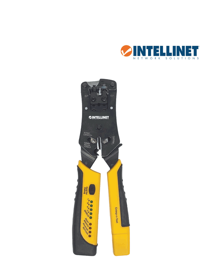 INTELLINET 780124 Pinza Crimpeadora Universal de Plugs Modulares y Probador de Cables 2-en-1 Crimpeadora y Probador de Cables - Corta, Pela, Remata y Prueba