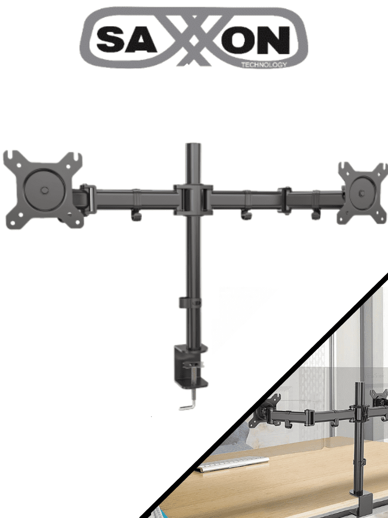 SAXXON SXVMD29 - Soporte de Escritorio para 2 Monitores de 13 a 27 Pulgadas/ 8 Kg de Carga/ Ajuste de Altura y Giro en cada Brazo
