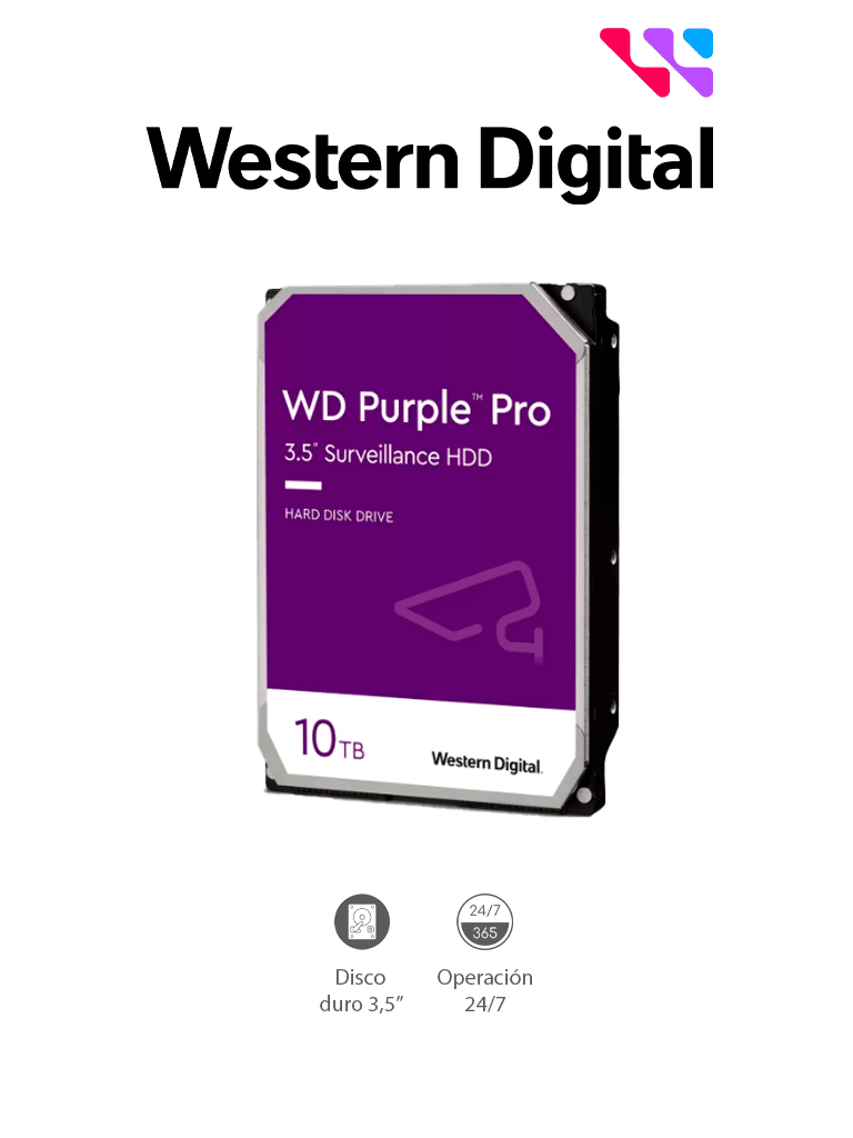  WESTERN WD101PURP- Disco Duro de 10TB Purple PRO/ Especial para Videovigilancia con IA/ Tecnología IA AllFrame/ Interface: Sata 6 Gb/s/ Cache 256 MB/ Hasta 64 Cámaras/ 32 Secuencias de IA para Análisis de Aprendizaje