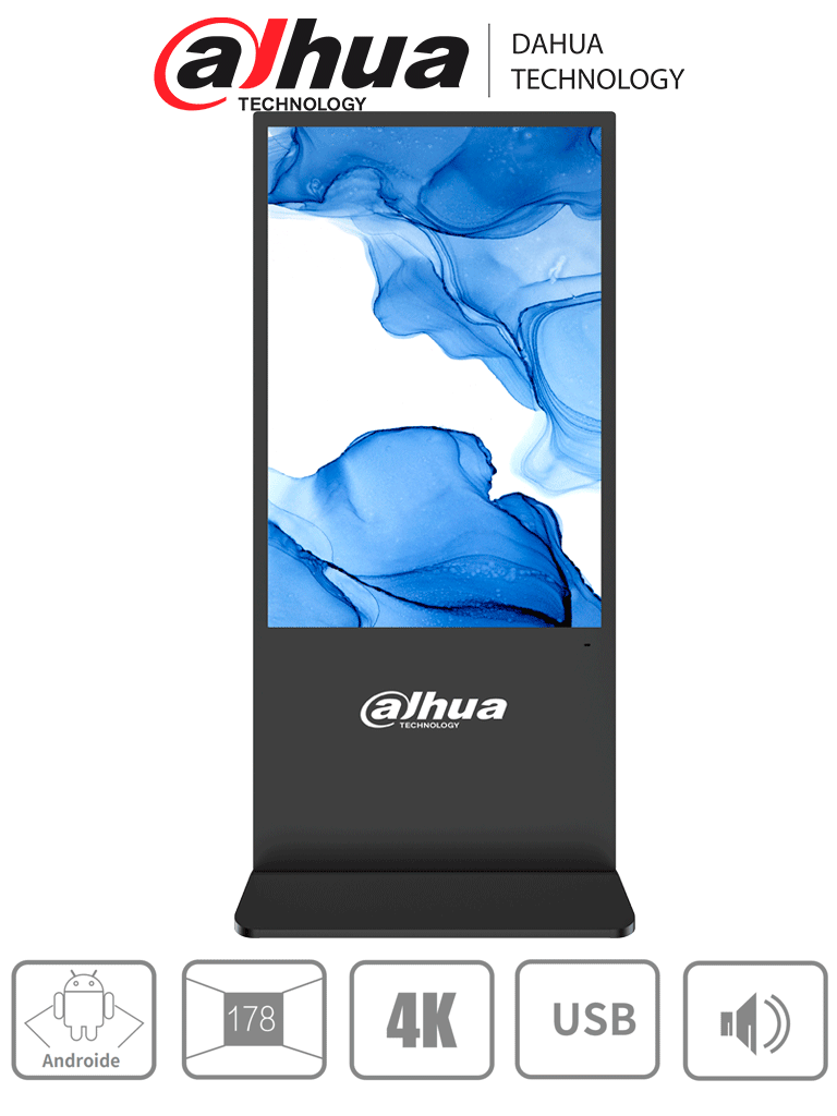 DAHUA LDV55-SAI400K  Pantalla de Publicidad Digital (Totem)/ Montaje en Piso/ Pantalla 4K de 55 Pulgadas/ Brillo de 320Nits/Diseño de grado industrial/Carcasa Metálica/Cristal Templado de 3mm