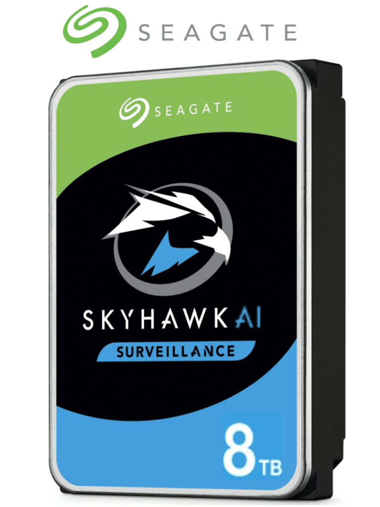 SEAGATE ST8000VE001- Disco Duro de 8TB SkyHawk AI/ Especial para Videovigilancia/ Compatibles con DVRs y NVRs con IA/ Hasta 32 Canales con IA/ Hasta 64 Cámaras/ 235MB/s/ Hasta 16 Bahías/ 