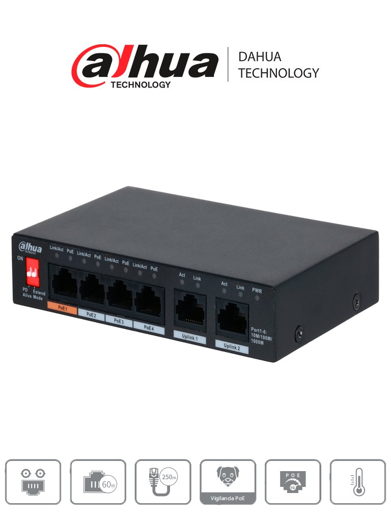 DAHUA DH-PFS3006-4GT-60 - Switch PoE de 6 Puertos Gigabit/ 4 Puertos PoE 10