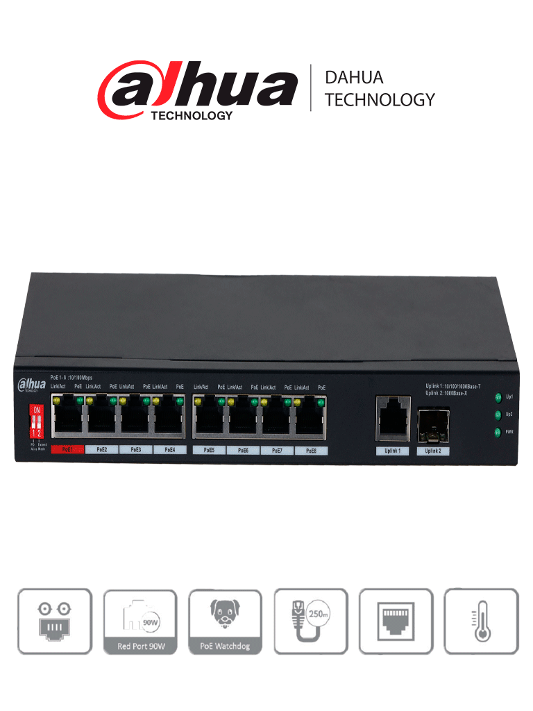 DAHUA PFS3010-8GT-96 - Switch Poe de 10 Puertos Gigabite/ 8 Puertos PoE