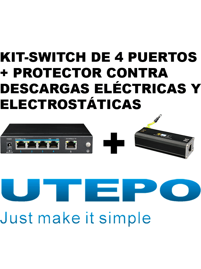 KIT- Switch UTEPO con protector contra descargas eléctricas y electrostáticas/ Switch PoE de 5 Puertos Fast 