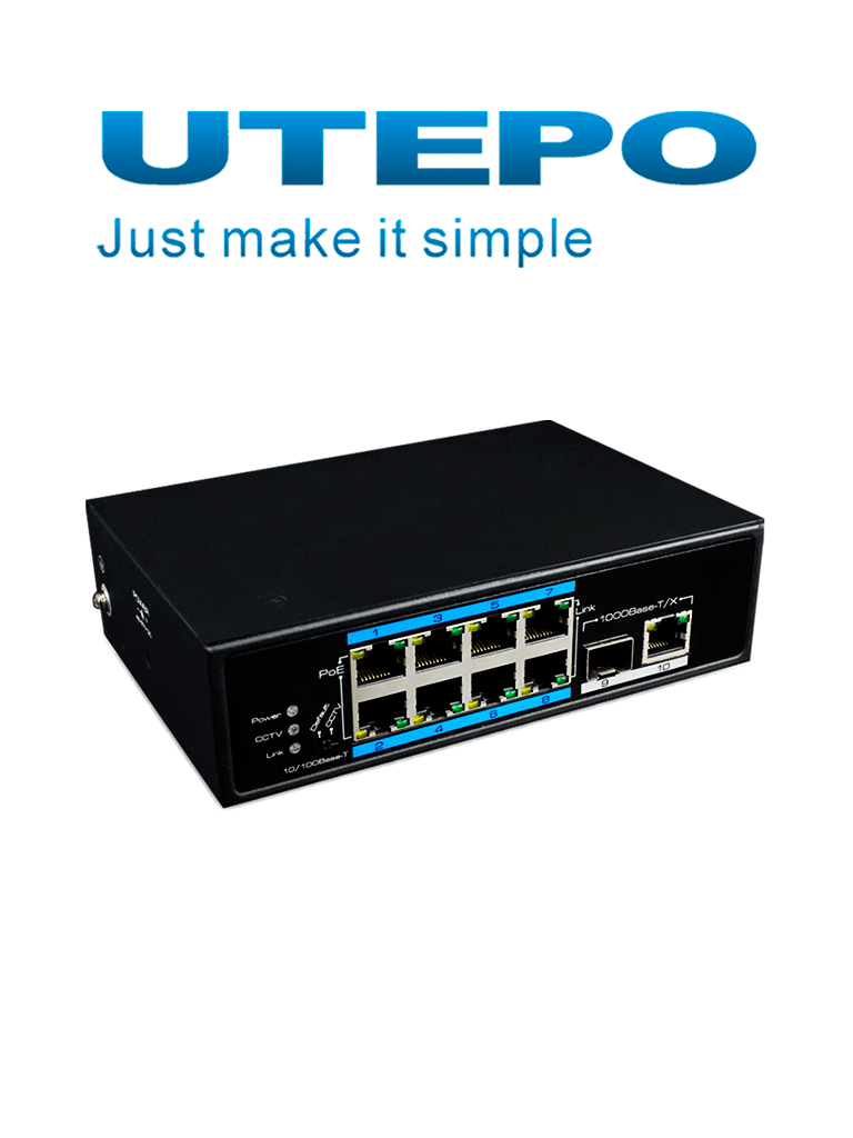 UTEPO UTP7108EPOE - Switch industrial  PoE+ de 10 Puertos/ 8 Puertos 10/100 Mbps