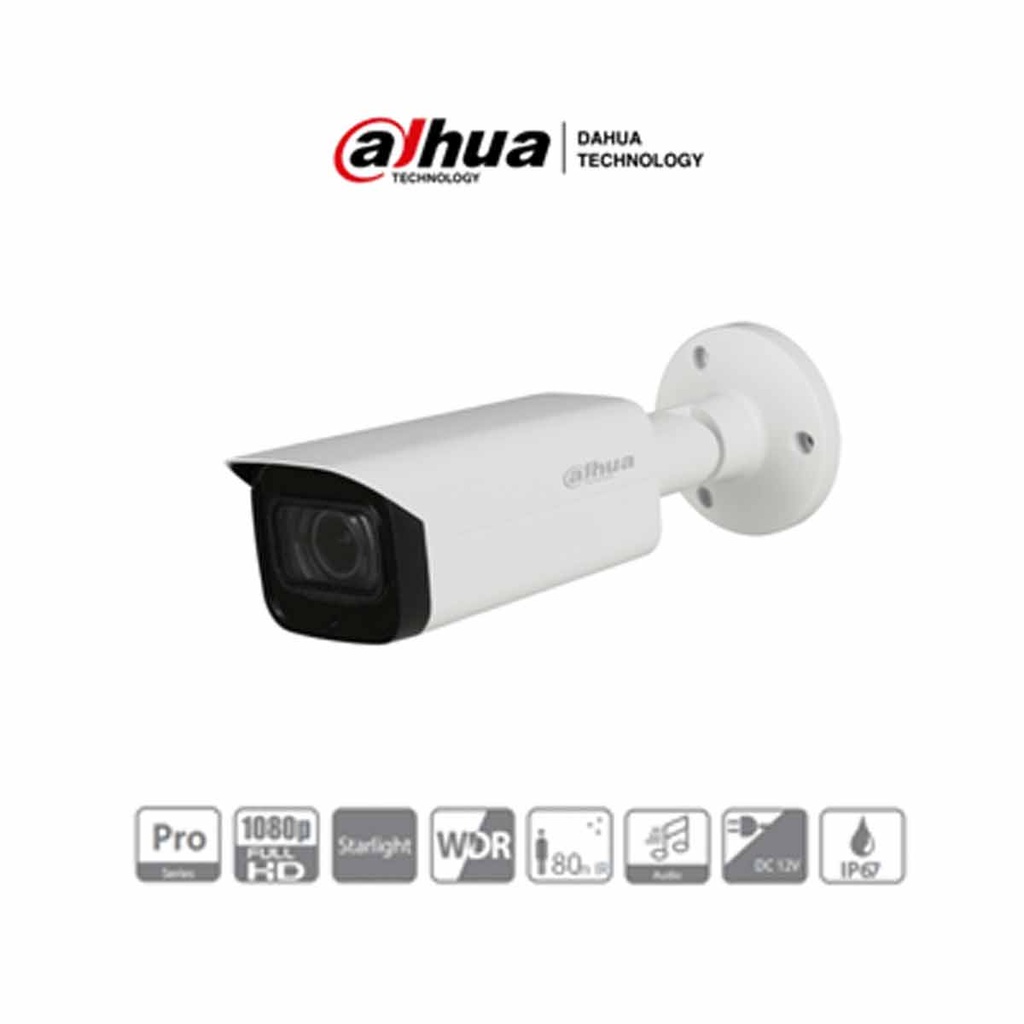 DAHUA HFW2241T-Z-A- Camara Bullet Starlight 1080p/ Lente Motorizado de 2.7 a 13.5 mm/ WDR Real 120dB/ IR 80 Mts/ Microfono Integrado y 1 Entrada de Audio/ IP67