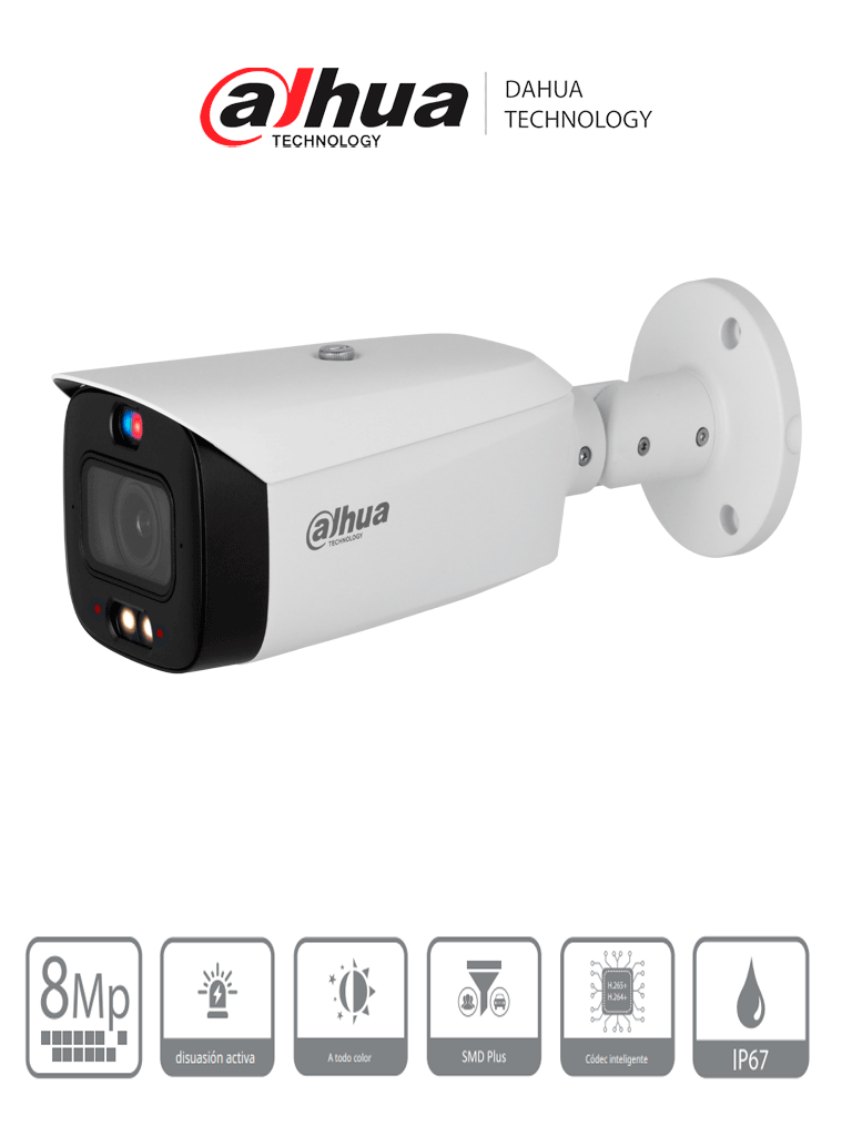DAHUA DH-IPC-HFW3849T1-AS-PV - Camara IP Bullet TiOC 4k/ 8 Megapixeles/ WizSense/ Iluminador Dual/ 30 Metros de Luz Visible e IR/ Sirena y Estrobo con Luz Roja y Azul/ SMD 4.0/  Microfono Integrado/ Ranura MicroSD/ PoE/ #LoNuevo