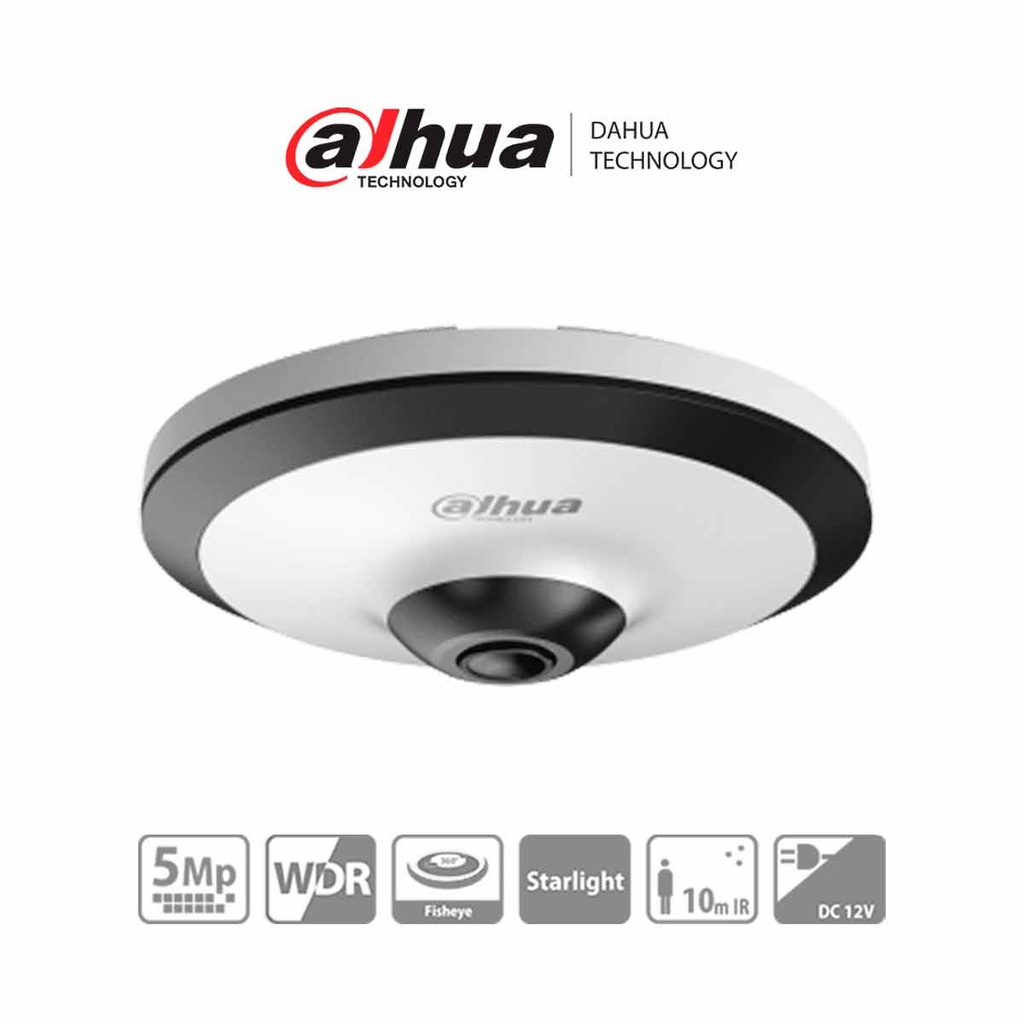 DH-HAC-EW2501N - Cámara Fisheye HDCVI 5 MP, visión 360°, IR 10 m, WDR real 120dB, micrófono integrado. Ideal para uso interior con tecnología Starlight para baja luz y reducción de ruido 2D/3D. Ofrece vigilancia detallada y nítida en todas condiciones.
