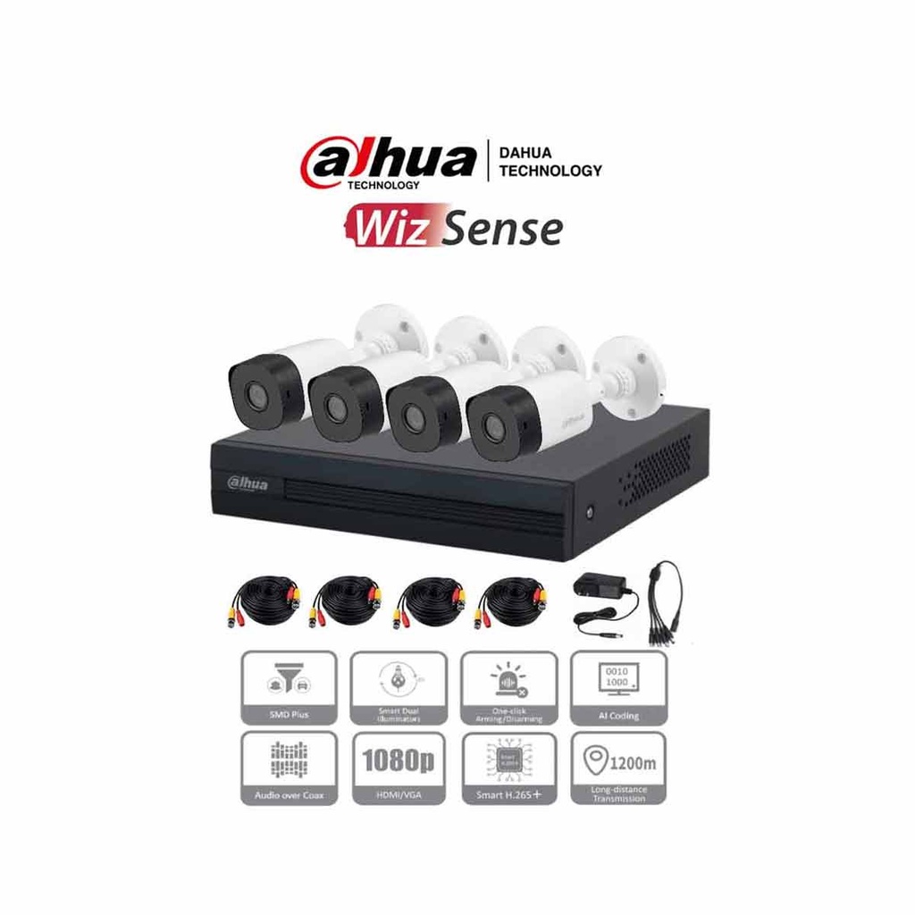 DAHUA KITXVR1B04-I+4B1A21 - Kit de 4 Canales de 2 Megapíxeles/ DVR Cooper-I WizSense