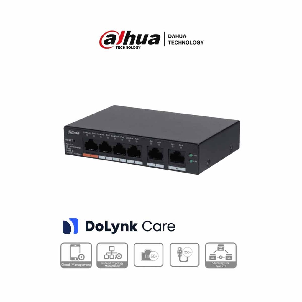 DAHUA CS4006-4GT-60 - Switch PoE de 6 Puertos Gigabit/ 4 Puertos PoE 10/100/1000