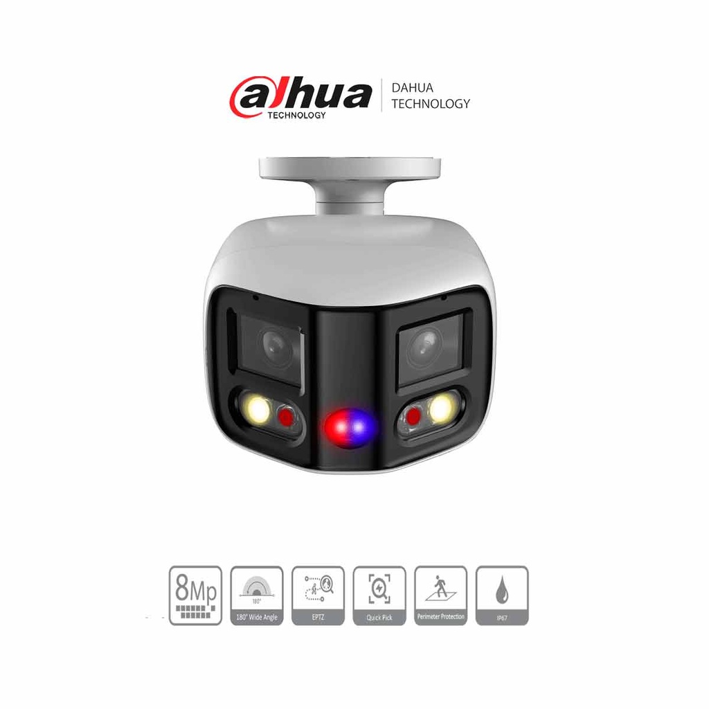 DAHUA IPC-PFW3849S-A180-AS-PV Cámara IP Bullet WizSense 2x4MP con visión de 180°, MultiVision, LED IR 25m y luz cálida 20m. Disuasión activa con micrófono dual y altavoz integrado, EPTZ, SMD 4.0, PoE, IP67, y ranura MicroSD. Ideal para seguridad avanzada