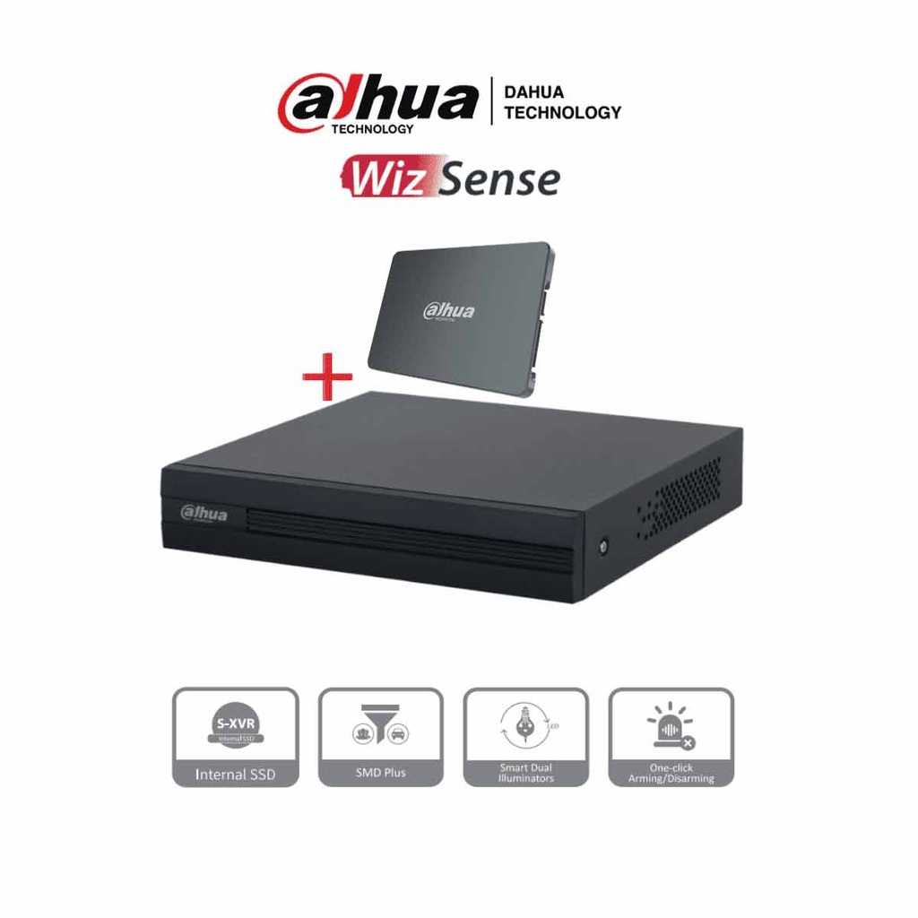 DAHUA XVR1B04-I-SSD - DVR de 4 canales 1080p Lite/ Con disco SSD de 512GB Especial para Videovigilancia/ S-XVR Series/ WizSense/ H.265+/ 4 canales con SMD Plus/ Búsqueda inteligente (Humanos y vehículos)