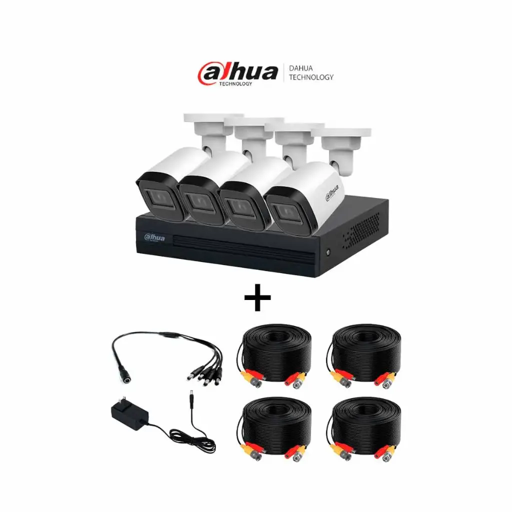 DAHUA PAQXVR1B04-I+4B1A21-DH-PFM942I-20-5- Paquete de 4 Canales de 2 Megapíxeles/ DVR Cooper-I WizSense con IA/ Compresión H.265+/ 4 cámaras B1A21/ 4 CH + 1 IP o hasta 5 IP/ Incluye 4 Cables DH-PFM942I-20-5/ SMD Plus y Búsqueda de Humanos y Vehículos
