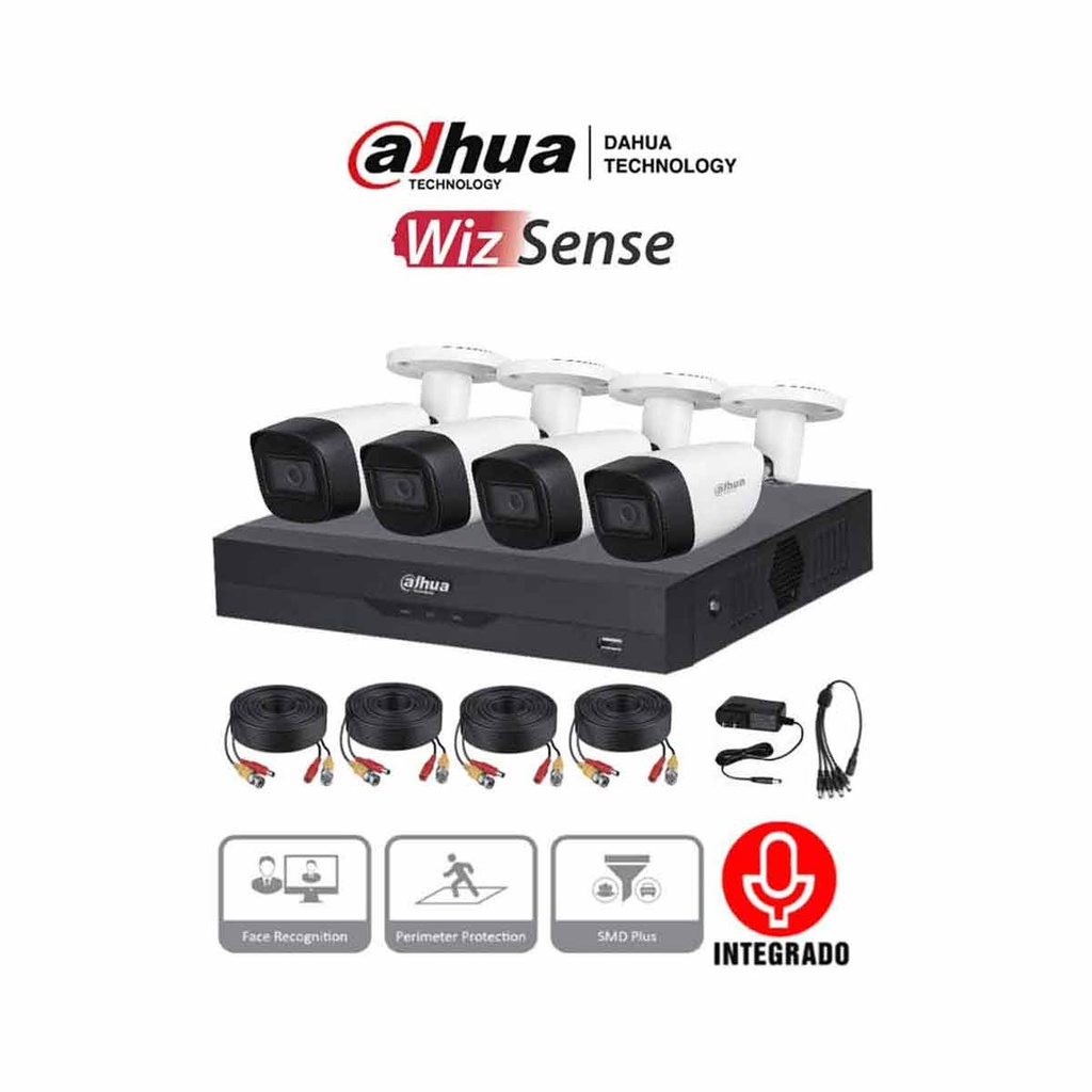 DAHUA KITXVR5104HS4KLI3+4HFW1500CMAa- Kit de 4 Canales de 5 Mp con Audio