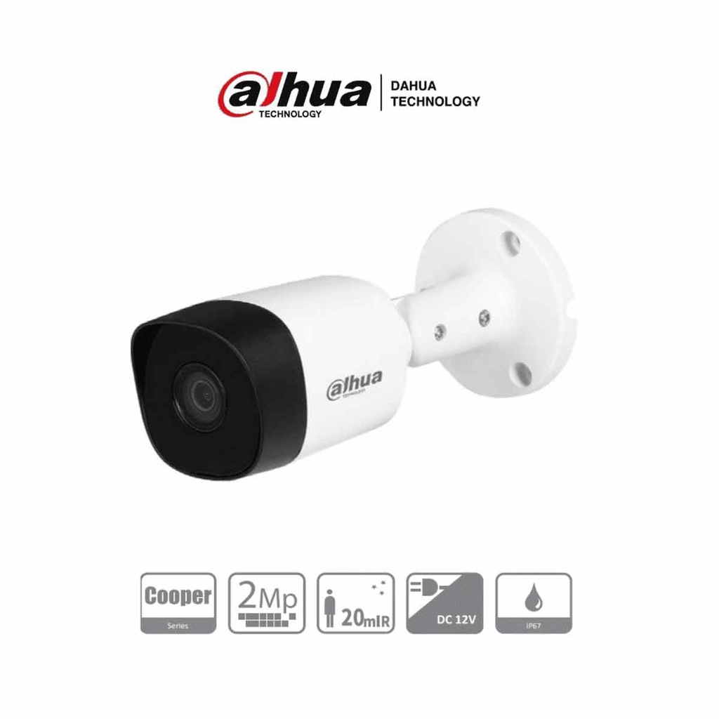 DAHUA HAC-B2A21-28 - Cámara Bullet de 2 Megapíxeles. Resolución 1080p. Lente de 2.8 mm con ángulo de 100 grados. Alcance IR de 20m. Estructura metálica con protección IP67. Compatible con CVI, TVI, AHD y CVBS. Incluye menú OSD/