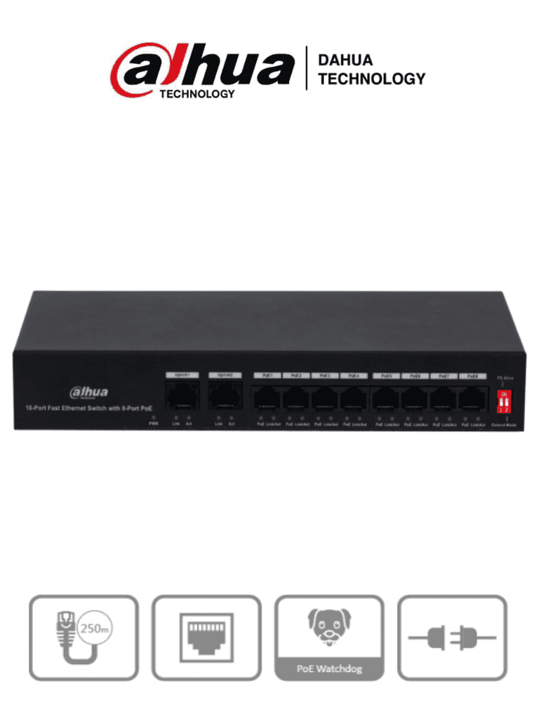 DAHUA PFS3010-8ET-65 - Switch Poe de 10 Puertos Fast Ethernet/ 8 Puertos Poe