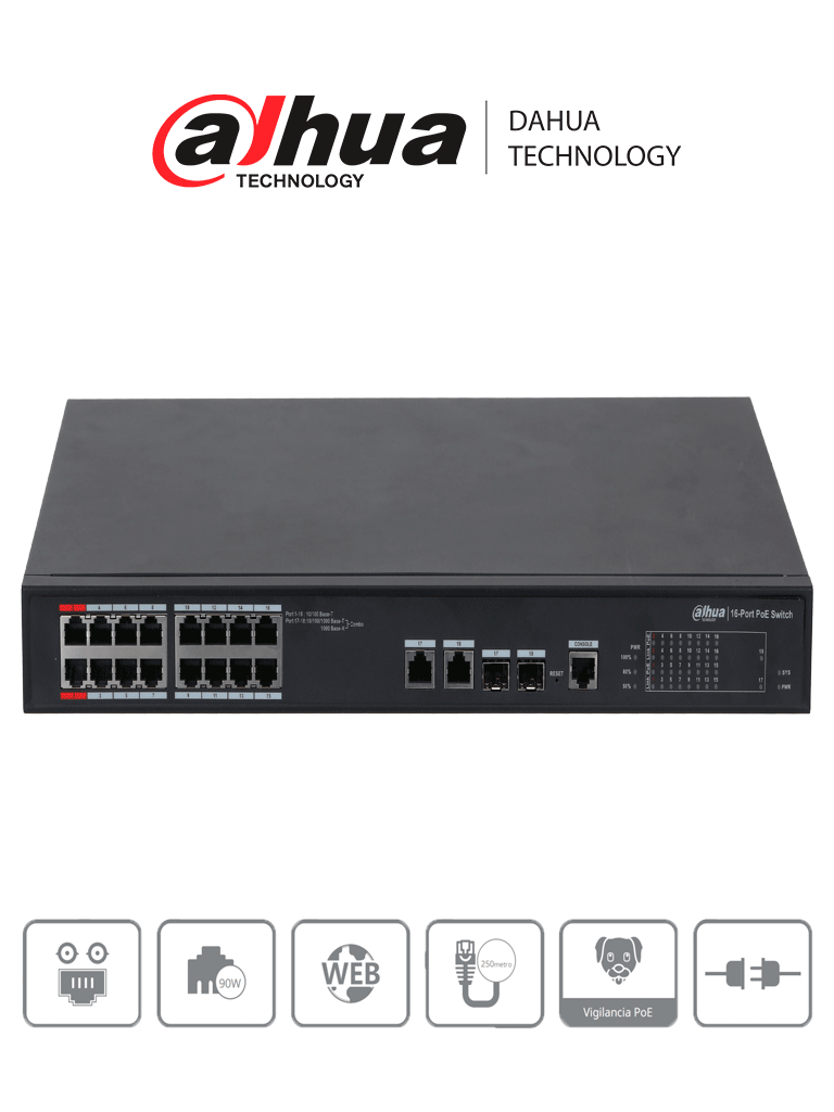 DAHUA DH-PFS4218-16ET-240  - Switch  PoE Administrable de 16 Puertos Ethernet