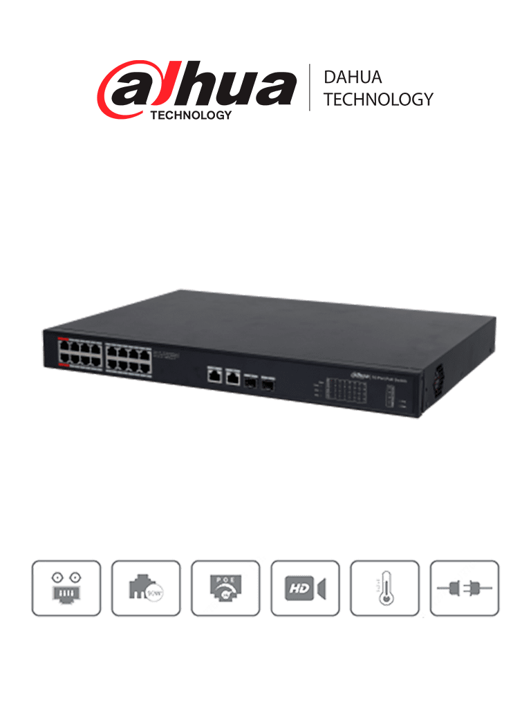 DAHUA PFS3220-16GT-190 - Switch Poe de 16 Puertos Gigabit/ Poe Inteligente/ Puerto Rojo de 90W
